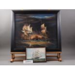 An oil on board 17th century, naval battle, and four other pictures, sailing ships, various, in