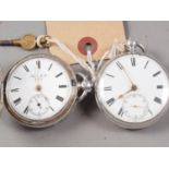 A silver cased full hunter pocket watch with white enamel dial by Thomas Mills (dial cracked), and a