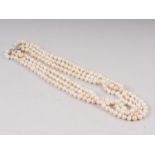 A three-strand cultured pearl necklace with white metal box clasp, stamped 925, 8mm approx average