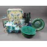 Five cabbage ware plates, a T2 part teaset, a Venetian end of day glass vase, 4 1/2" high, an