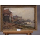 Robert T Mumford: oil on board, harbourside with boats and buildings, 9 1/2" x 13 1/2", in gilt