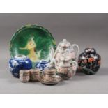 A Chinese famille noire ginger jar and cover, decorated birds and prunus, 6" high, a Chinese blue
