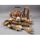 A brass and copper bugle, a copper kettle, two brass teapots with engraved decoration and other
