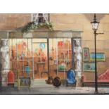 Deborah Jones: oil on board, shopfront, "J Meadows, Antiques", 12" x 15", in linen lined gilt frame