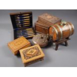 A hardwood puzzle cigarette box with carved dragon decoration, 8" wide, two music boxes, a round