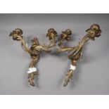 A pair of 19th century gilt brass Rococo scroll two-light wall brackets, 16 1/2" high