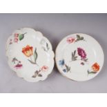 Three early 19th century floral enamelled dessert plates and a pair of matching dishes