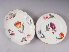 Three early 19th century floral enamelled dessert plates and a pair of matching dishes