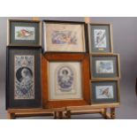 A number of silk embroidered pictures, birds, royalty, etc