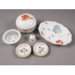 A Herend porcelain circular box and cover, a Herend porcelain floral decorated shaped nut dish, a