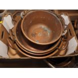 Three copper two-handled preserve pans and a swing handle preserve pan