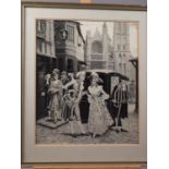 A Perez: a silk embroidered picture, street scene with sedan chair, two others, and a framed print