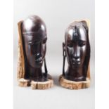 A pair of Central African (Kenyan) ebony male and female heads, 18 1/2" high