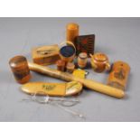 A quantity of mostly Mauchline ware items, including a pin cushion, formed as a bucket, a teapot,