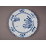 A Chinese blue and white export charger with landscape decoration, 16" dia (restorations)