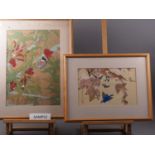 A pair of Japanese woodblock prints, birds and plants, in hardwood frames, and a pair of larger