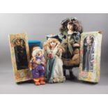 Five "The Knightsbridge Collection" porcelain headed dolls, in boxes, and two other boxed dolls