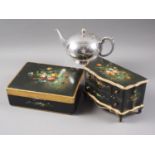 An Italian japanned and floral decorated miniature chest of two long drawers, a similar