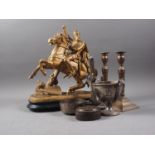 A gilt metal mounted warrior on stand, 15 3/4" high overall, a niello trophy with classical figure