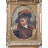 An oil on canvas portrait of a cavalier, 13" x 10", in oval gilt mount and strip frame, an oil