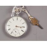 A silver cased open faced pocket watch with white enamel dial, Roman numerals and subsidiary seconds