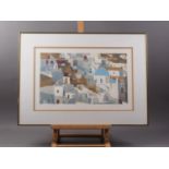 A signed limited edition screen print, "Santorini", in brass frame, and three relief printed