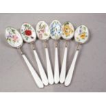 A set of six silver and floral enamelled demitasse coffee spoons, 2.3oz troy approx