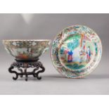 A Canton famille verte enamel bowl with figure decorated panels, 9" dia, on carved hardwood stand,