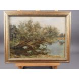 William Darling Mckay?: oil on panel, fallen tree by a river, 11 1/4" x 15 1/4", in gilt strip frame