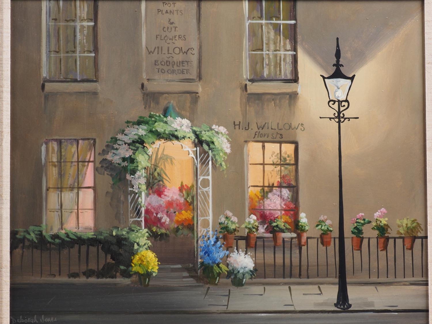 Deborah Jones: oil on board, shopfront, "H J Willows, Florists", 12" x 15", in linen lined gilt