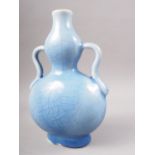 A Chinese porcelain twin-handled double gourd vase with blue crackle glaze, seal mark to base, 6 3/