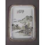 A Chinese Republic shaped tray, decorated with verse and landscape, 7" x 9 3/4"