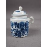 A mid 18th century Worcester blue and white wet mustard pot with moulded scroll handle and fence
