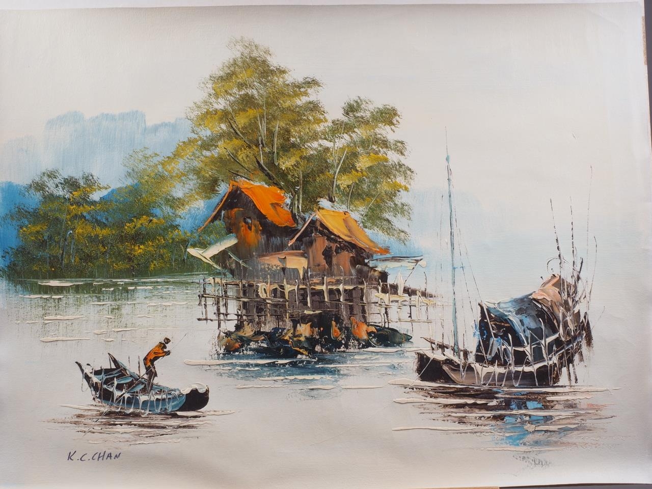 K C Chan: oil on canvas, landscape with figures in a boat, 17 3/4" x 24", unframed