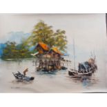 K C Chan: oil on canvas, landscape with figures in a boat, 17 3/4" x 24", unframed