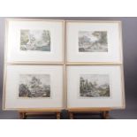 A set of six coloured engravings on silk, 18th century landscapes, in painted frames