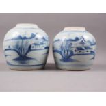 Two matched Chinese blue and white ginger jars with landscape decoration (lacking covers), 6 1/2"