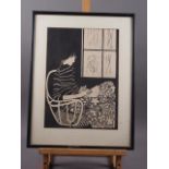 A 1970s linocut, girl reading, in ebonised strip frame