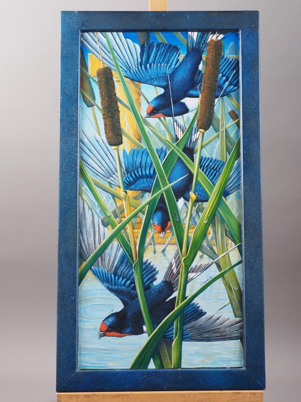 Robert Howe, 1988: oil on canvas laid on board, "Swallows", 20 1/2" x 9 3/4", Portal Gallery label