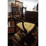 An Edwardian walnut and line inlaid lath back chair with needlepoint seat