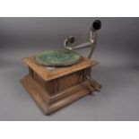 An early 20th century HMV oak cased gramophone with horn (horn 26" high)