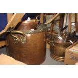 A copper and brass handled pot, 14" high, a smaller copper pot, a copper kettle, two coal scuttles