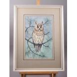 N W Cusa: watercolours, long eared owl, 14" x 9", in strip frame