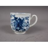 A mid 18th century Worcester blue and white hand-painted cup, 2 1/4" high (chip to foot rim) (ex-