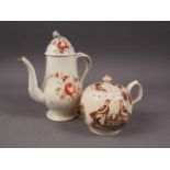 An 18th century Leeds creamware polychrome coffee pot with crossover handle and cover, 8" high (