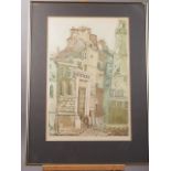 Delia Delafield: a coloured etching artist proof, "Paris 1972", in brass frame