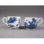 A pair of Caughley blue and white baluster cups with proto-willow pattern design, 2 1/4" high (one