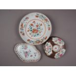 A Chinese polychrome floral decorated plate, 9" dia, a smaller similar spoon tray, 7 1/2" wide,