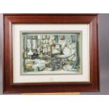 Anton Pick: a decoupage picture, "Caxton", 12" x 8 1/2", in polished as mahogany frame