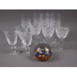 A Strathearn millefiori glass paperweight, three early 20th century cut glass sherries and a